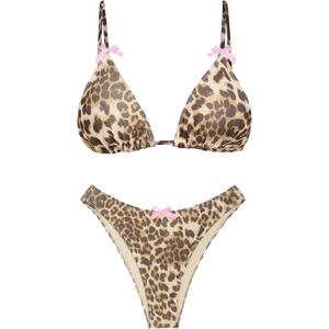 seamoly Women's Bikini Sets Tie Back Bowknot Two Piece Swimsuits Triangle Thong Bathing Suit Gingham Floral Cherry Printing (Veiled Leopard) Size S