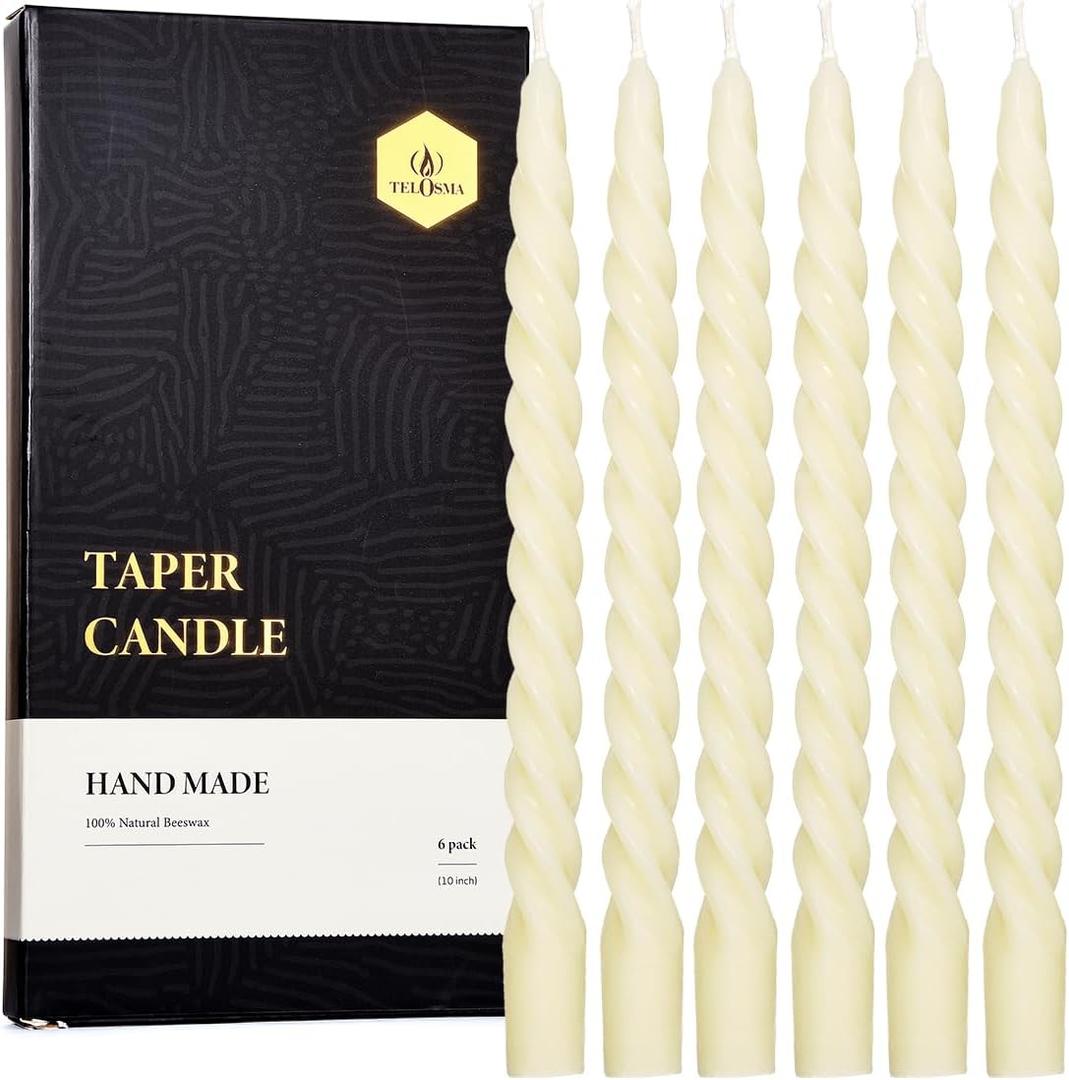 Natural Beeswax Spiral Taper Candles Pack of 6, Organic Dripless Long Candle Sticks for Dinner Wedding Party Christmas Home Decorations - 10 Inch Tall - Off White