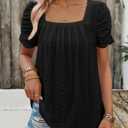 Dokotoo Women's Hollow Pleated Short Sleeves Square Neck Casual Loose Solid Color Knit T Shirts Tops Blouses (M)