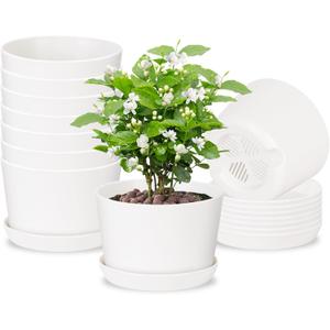 Oliz 4.7 Inch Plastic Plant Pots, Round Classic Planters with Drainage Holes and Saucers for Indoor Outdoor Plants, Perfect for African Violet, Snake Plant, Succulents (White 8 Pack)
