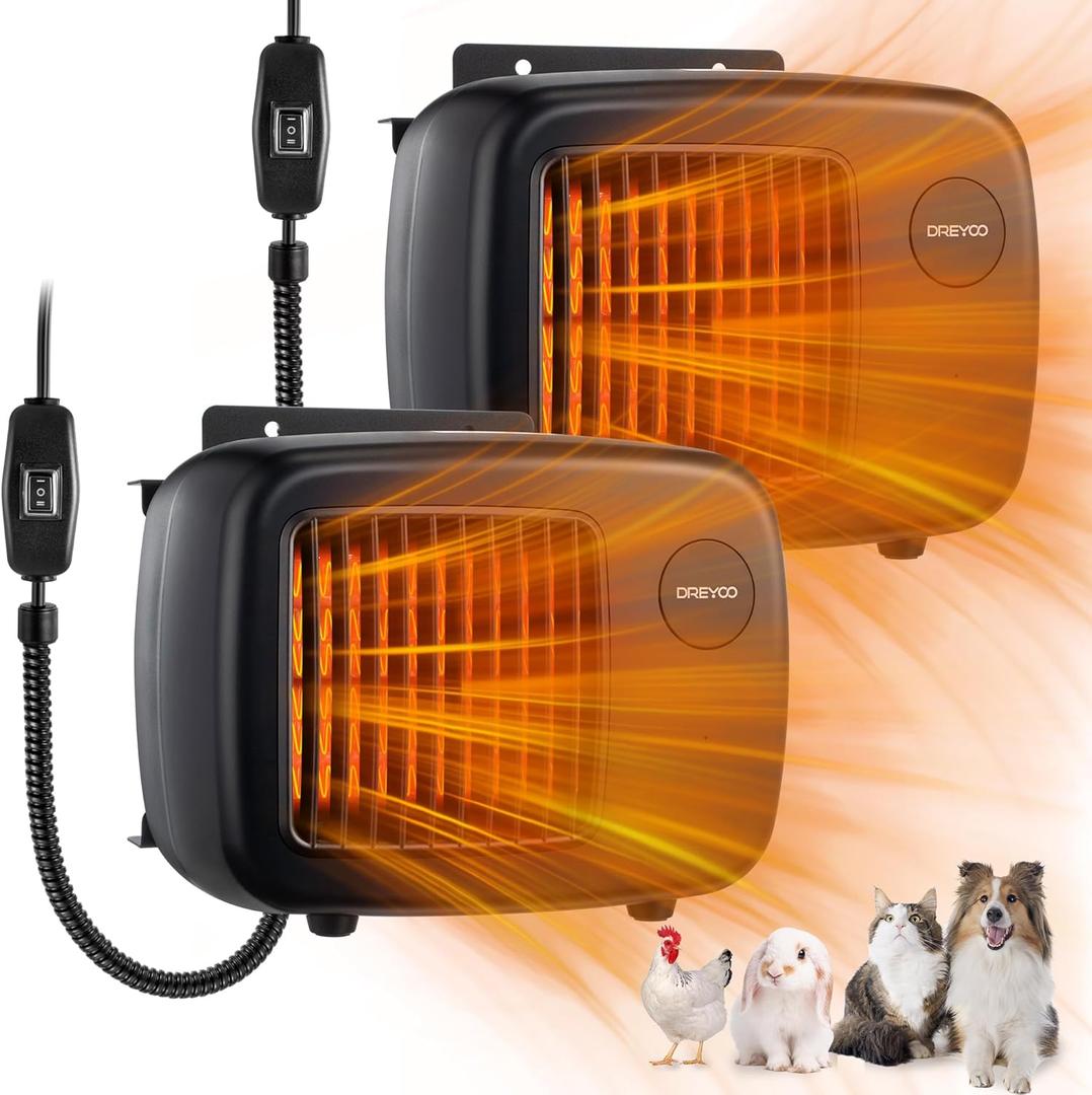 Dreyoo 600/300W Dog House Heater with Thermostat, Pet Heater with 6FT Anti Chew Cord and Safe Overheat Protection, 2 Heating Mode Pet Warmer for Dogs Chicken Coops Rabbits(Black,2 Pcs)
