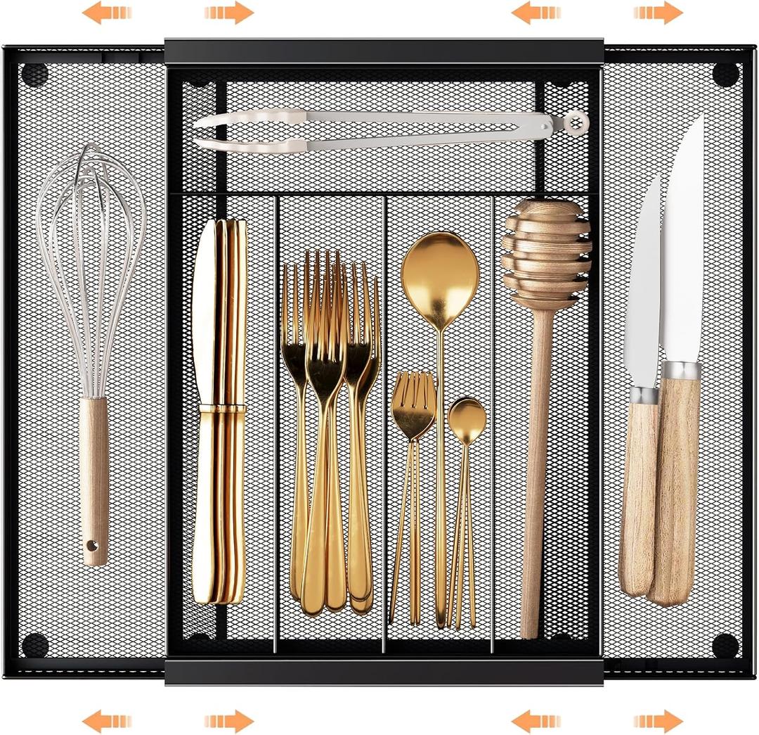 Sedegn Silverware Organizer Metal Mesh, Drawer Organizer, Utensil Cutlery Tray for kitchen drawers,Expandable Flatware Organizer with 7 Compartment Black 9.6"~16.1" x 13.8"