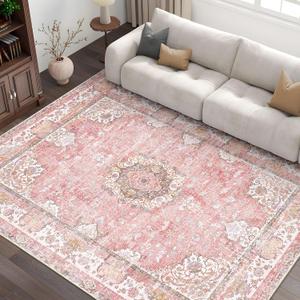 Pink Rug 6'x9' Area Rugs,Boho Washable Rug for Living Room Bedroom Dining Room,Large Vintage Bohemian Distressed Oriental Carpet Non Slip,Blush Floral Flowers