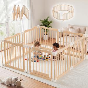 Foldable Wooden Playpen - Adjustable Wood Baby Play Yard with Door, Indoor Large Safety Fence for Babies and Toddlers - Easy Assembly, 55 x 55 x 24 inches, Nature Nest