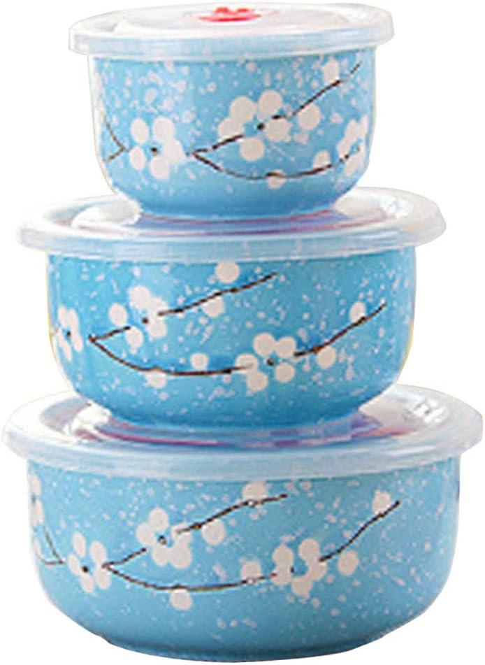 Microwave Bowls with Lid, Japanese Style Blue Ceramics Bowls Set with Lids - Ceramic Food Storage Container Set Nesting Mixing Bowls Set Serving Soup Salad Snack Noodle(3 Piece Set) 