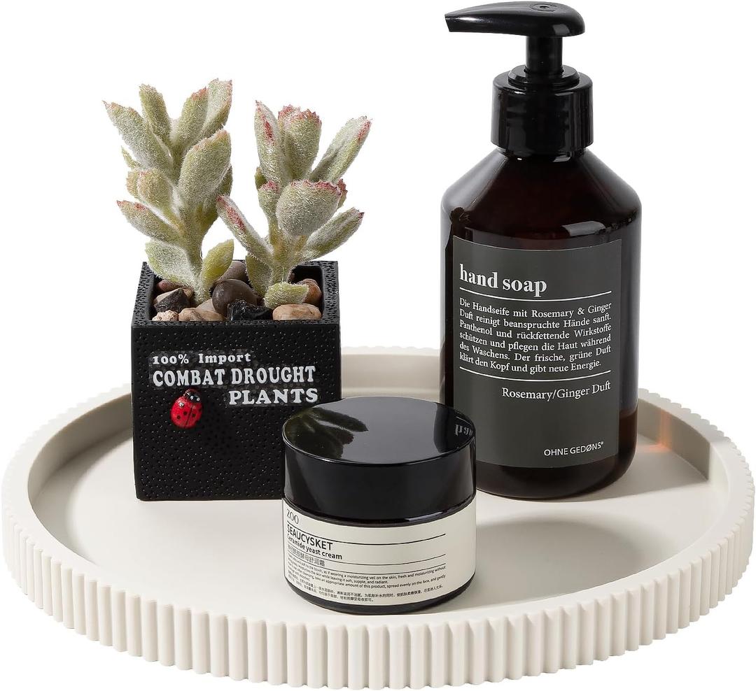 Silicone Bathroom Tray Round Kitchen Counter Organizer Decorative Vanity Accessories Coffee Table Decor for Perfume, Candle, Soap Dish, 9 Inch, Beige