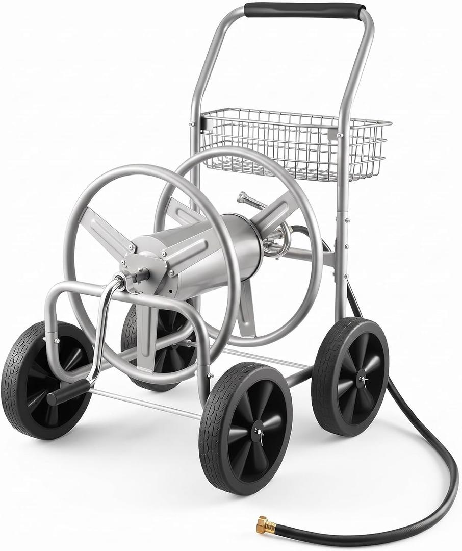 VEVOR Hose Reel Cart, Hold Up to 300 ft of 5/8’’ Hose, Garden Water Hose Carts Mobile Tools with 4 Wheels, Heavy Duty Powder-Coated Steel Outdoor Planting with Storage Basket, for Garden, Yard, Lawn