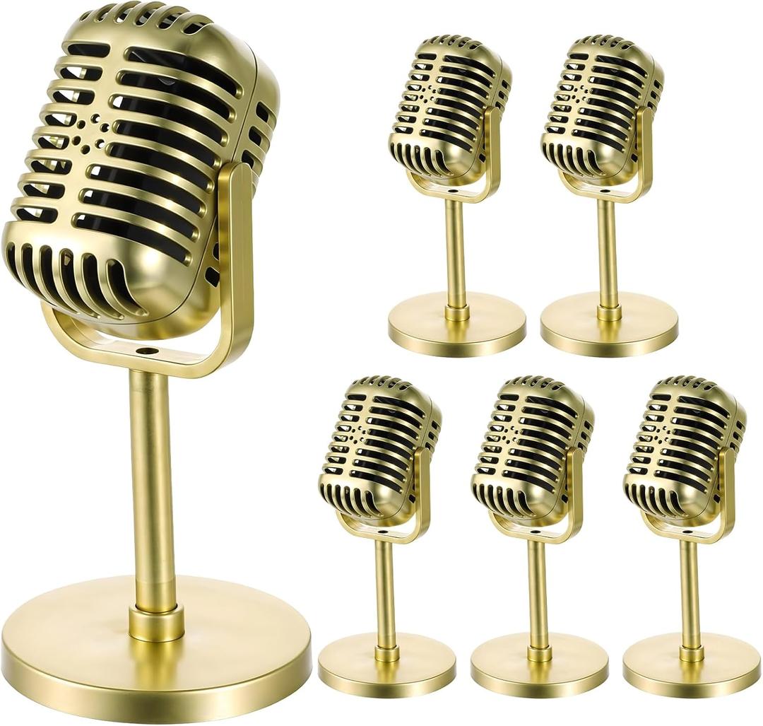 6 Pack Microphone Prop, Plastic Fake Microphone Toy Simulate Speech Practice Prop Vintage Retro Microphones Props Model for Karaoke, Halloween Props, Stage Costume Favors, Birthday Party (Not True)
