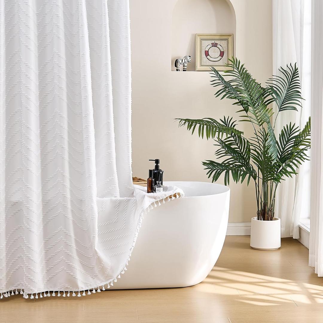 White Shower Curtain Fabric Boho Shower Curtain Cloth Textured Tufted Chevron Elegant Shower Curtains Waterproof for Bathroom 72" x 72"
