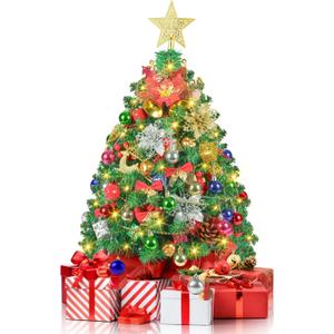 2FT Mini Christmas Tree, Artificial Tabletop Christmas Trees with 60 LED Lights, Prelit Small Christmas Tree, 100 Branch Tips, 80 Ornaments, Indoor Christmas Table Decor for Home Party (Pine Green)