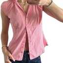 Women's Y2K Button Down Shirt Turn Down Collar Short Sleeve Plaid/Striped Print Frill Trim Crop Casual Top (Pink, S)