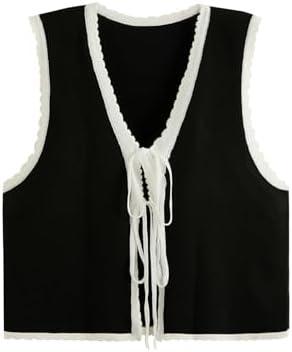 Verdusa Women's Old Money Bow Tie Crochet Sweater Vest Contrast Binding Knot Front V Neck Knit Top S
