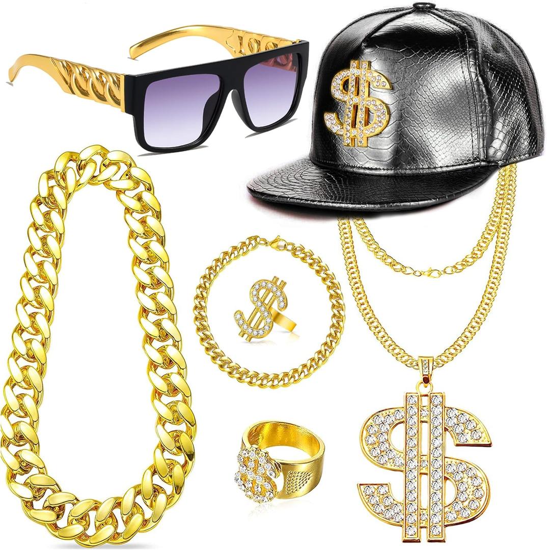 80s 90s Hip Hop Costumes Outfit Kit Fake Gold Chain Necklace Dollar Sign Cap Jewelry Set Rapper Accessories (Black)
