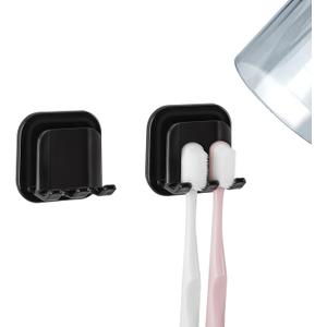 2 PCS Self-Adhesive Toothbrush Holders Wall Mounted, Water Proof Toothbrush Hook, 2 in 1 with Toothbrush Hanger and Gargle Cup Holder for Bathroom Shower (Black) 