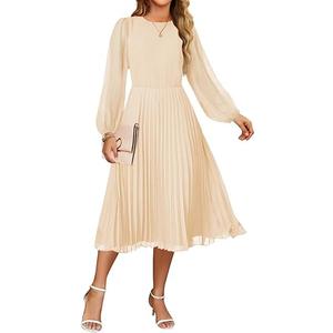 ZESICA Women's Fall Long Sleeve Dresses 2026 Casual Crewneck Chiffon Swing Pleated A Line Cocktail Party Midi Dress,M
