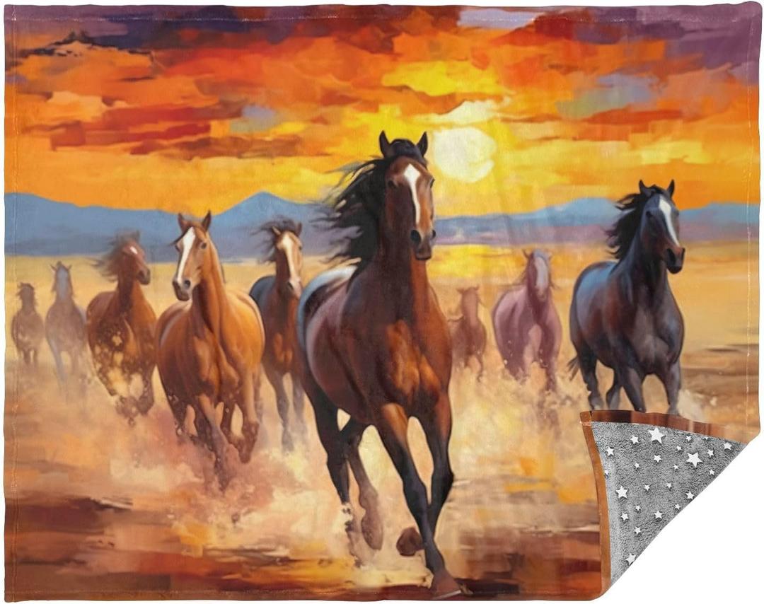 KEEPREAL Glow in The Dark Throw Blanket 55 x 70 Inches, Red Orange Brown Horses Pattern Soft Cozy Flannel Fleece Blanket for Kids and Adult