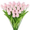 Fake Tulips Artificial Flowers with Stems - 24pcs Latex Real Touch Faux Tulips Arrangement Bouquet for Home Kitchen Wedding Decorations (Pink)