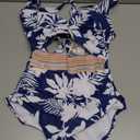 B2prity One Piece Swimsuit for Women Tummy Control V Neck Bathing Suit Color Block High Waisted Cutout Swimwear (Small, Navy Blue Leaf)