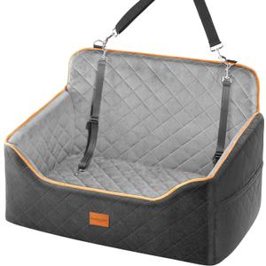 Dog Car Seat for Medium Dogs - Pet Car Seat with 2 Safety Straps & Waterproof Padding, Portable Pet Carrier for Cars, Trucks & SUVs, Comfortable Booster Bed for Pets Up to 55lbs (Black/Grey)