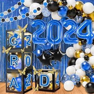 107 Pcs Black and Blue Graduation Decorations Class of 2024 - Graduation Balloon Boxes with 4 Light Strings, Balloon Arch Garland Kit, Fringe Curtains, Graduation Party Decorations 2024 for Any Grades