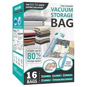 Cozy Essential Vacuum Storage Bags, 80% Compression Vacuum Seal Space Saver Plastic Packaging Bags for Clothes, Blankets, Pillow, Bedding, Comforters, Sealer Clothing Storage, 16 Combo