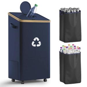 26 Gallon Recycling Bin for Kitchen, 100L Recycle Bin with Lid, Recycle Bins for Kitchen with 4 Wheels(Lockable),2 Reusable Inner Bags, for Bottle Can Glass Plastic Stickers, Dark Blue
