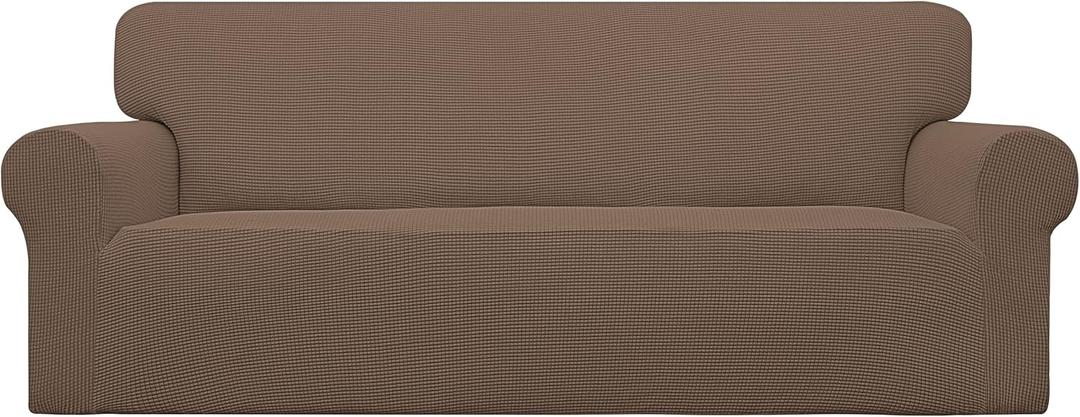 Easy-Going Stretch Oversized Sofa Slipcover 1-Piece Sofa Cover Furniture Protector Couch Soft with Elastic Bottom for Kids, Polyester Spandex Jacquard Fabric Small Checks Brown 
