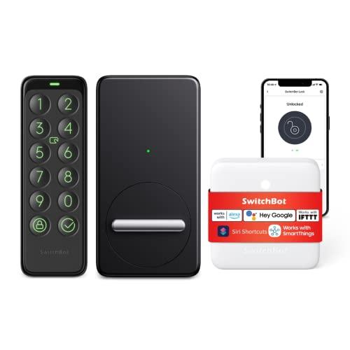 SwitchBot Fingerprint Smart Lock for Existing Deadbolt with Keypad and Hub Mini – Keyless Entry, Password & NFC Card, Auto-Lock, App Control, Alexa Siri Google Compatible