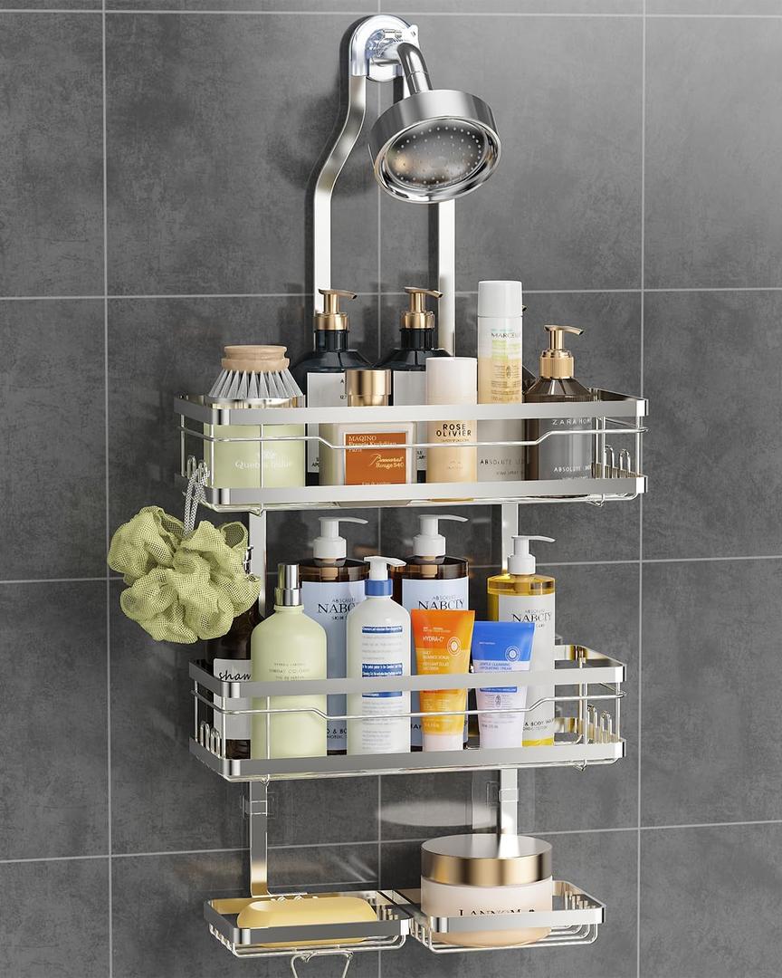 OMAIRA Shower Caddy Hanging with Soap Scrub Holder, Stainless Steel Adjustable No Drilling Non-Slip Large Capacity Sturdy Over Shower Head Shower Organizer Inside Shelves Bathroom Storage Rack, Silver