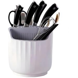 360 Rotating Knife Block,Multifunctional Kitchen Utensil Holder,Large Capacity Chopsticks Block,Kitchen Knife Storage Box for Kitchen Counter (White)