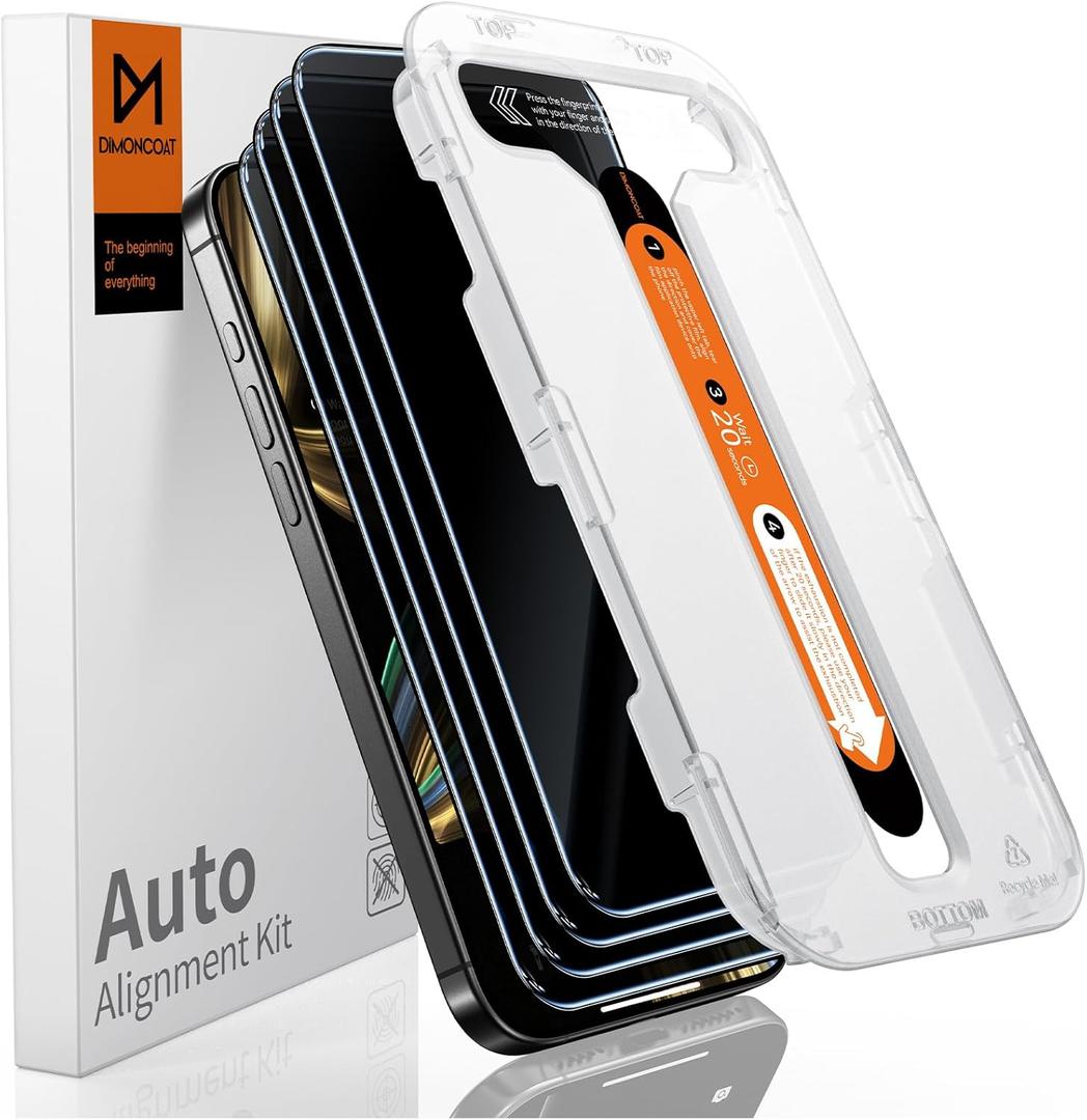 DIMONCOAT 4-PACK TOP 9H+ Glass for iPhone 15 Privacy Screen Protector [Auto Alignment Kit] [10X Military Protection] UNBREAK Tempered Glass Film for iPhone 15 6.1 inch [Case Friendly]