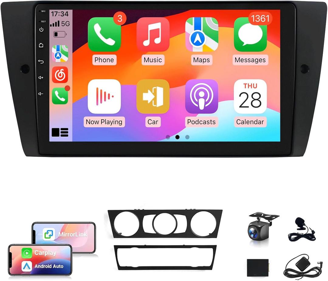 XGU 4G+64G Car Stereo for BMW 328i 335i 325i E90 E91 E92 E93 2005 to 2011 Radio Wireless CarPlay Android Auto, 9" IPS Touch Screen for BMW 328i Stereo BT/FM RDS DSP/GPS/WiFi/SWC/AHD Camera (No Fiber)