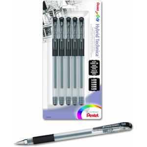 Pentel Arts Hybrid Technica Gel Pen with Assorted Tip Sizes, Black Ink, Pack of 5 (KN10BP5A)