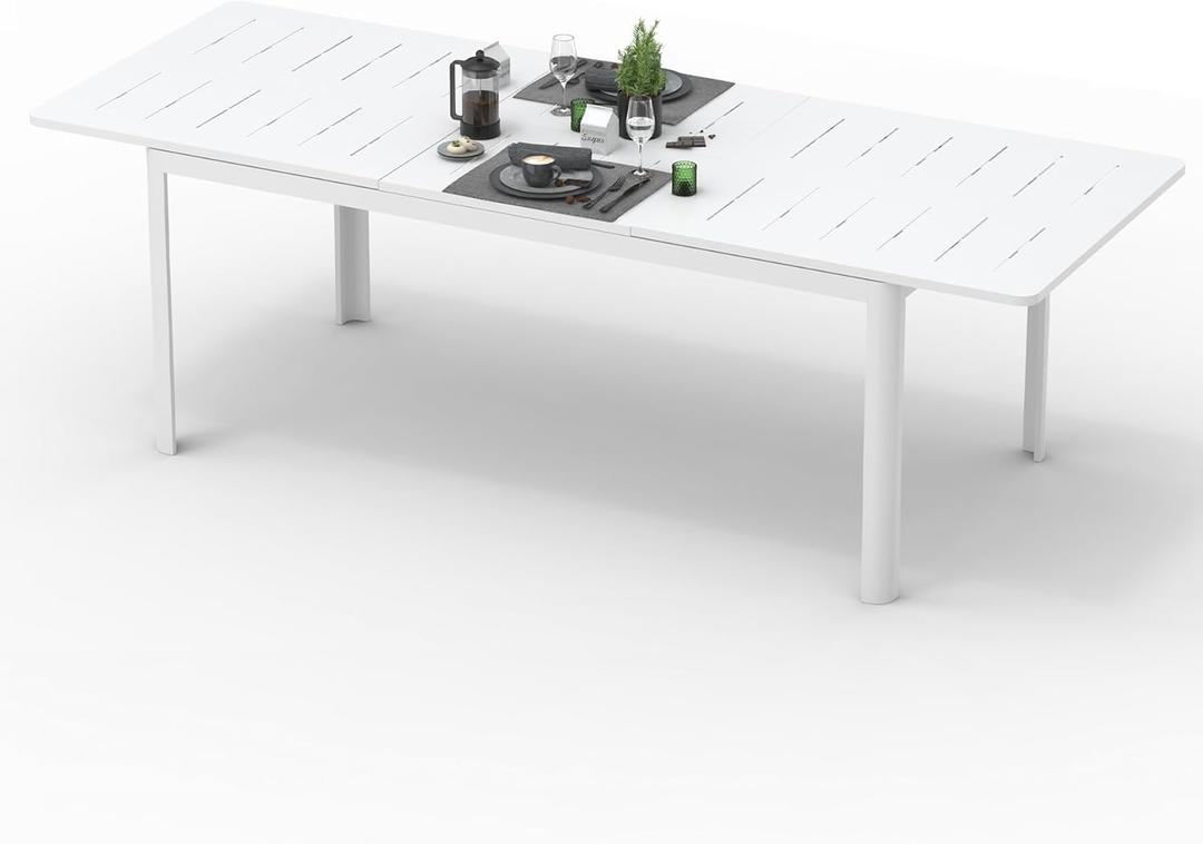 Domi Patio Dining Expandable Table, Metal Aluminum Outdoor Table for 6-8 Persons, Rectangular, Ivory White (94.5"Lx35.4"Wx29.5"H(Ivory White))