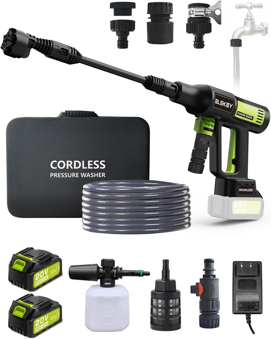 Portable Cordless Pressure Washer with Faucet Adapter - 2 Pack Batteries 1200PSI Cordless Power Washer Battery Operated with 6-in-1 Nozzle, Adjustable Foam Cannon LCD Touch Screen for Car Garden (Green)