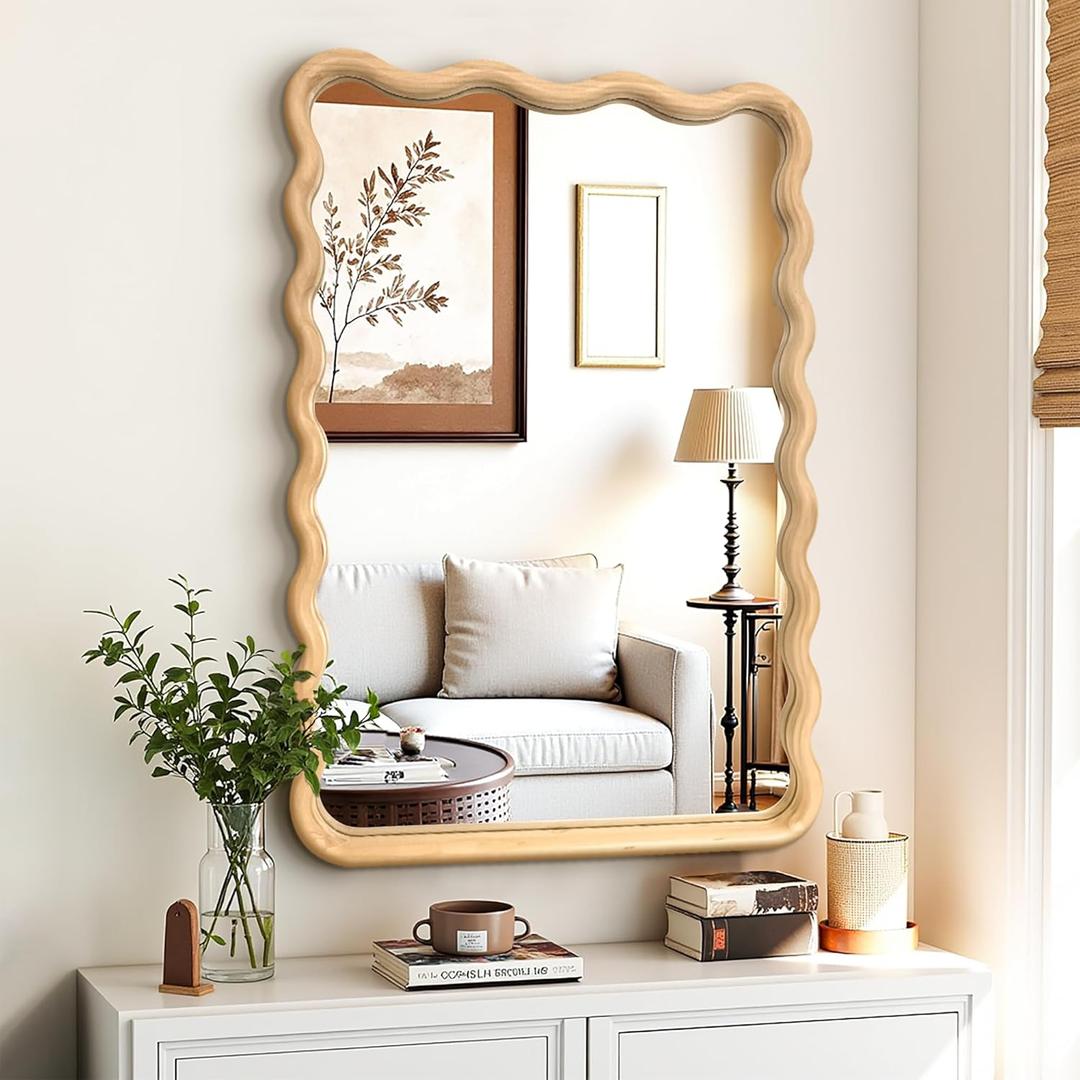 Bathroom Mirror for Wall, 24"x36" Boho Wavy Wood Mirror Large Full Length Decorative Mirror with Tempered Glass, Natural Wooden Frame Vanity Mirror for Bedroom, Living Room, Entryway
