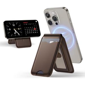 LULULOOK Magnetic Wallet Stand for iPhone, 2-in-1 Full Grain Leather Phone Wallet 3 Cards Holder w/Adjustable Stand, Fits iPhone 16/15/14/13/12 and Mag-Safe Cases, Not for Mini Models, Brown