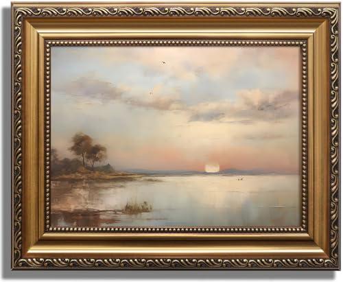KBKBART Gold Framed Vintage Landscape Wall Art Prints, Retro Muted Lake Nature Wilderness Canvas Painting, Farmhouse Decor Wall Art for Bedroom, Bathroom, Vintage Wall Decor (9"x12")