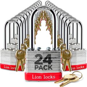 Lion Locks 24 Keyed Alike Padlocks with 2" Long Shackle, 48 Keys - Padlocks for Outdoor Use, Locks with Keys, Hardened Steel Case, Pick Resistant Brass Pin Cylinder for Hasp Latch, Locker, Gate