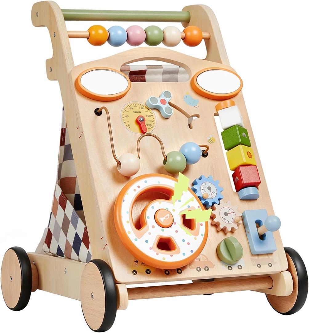 GROWNSY Wooden Baby Walker with Wheels, 3-in-1 Sit-to-Stand Baby Walker with Adjustable Speed, Montessori Push Walker with 7-in-1 Removable Activity Panel, First Birthday Gifts for Boys & Girls