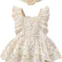 FYMNSI Newborn Baby Girl 1st Birthday Outfit Floral Lace Tulle Romper Tutu Dress Cake Smash Princess Boho Clothes Photo Shoot, 6-12 Months