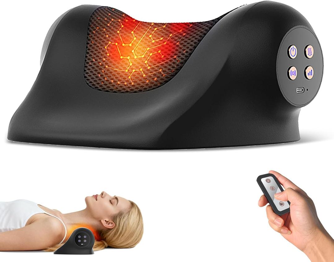 RINGCO Neck Massager with Heat, Red Light & Vibration Adjustable, Heated Neck Stretcher with 3 Modes, Rechargeable Cervical Traction Device for Pain Relief & Muscle Relaxation, Gift for Women Men (Black)
