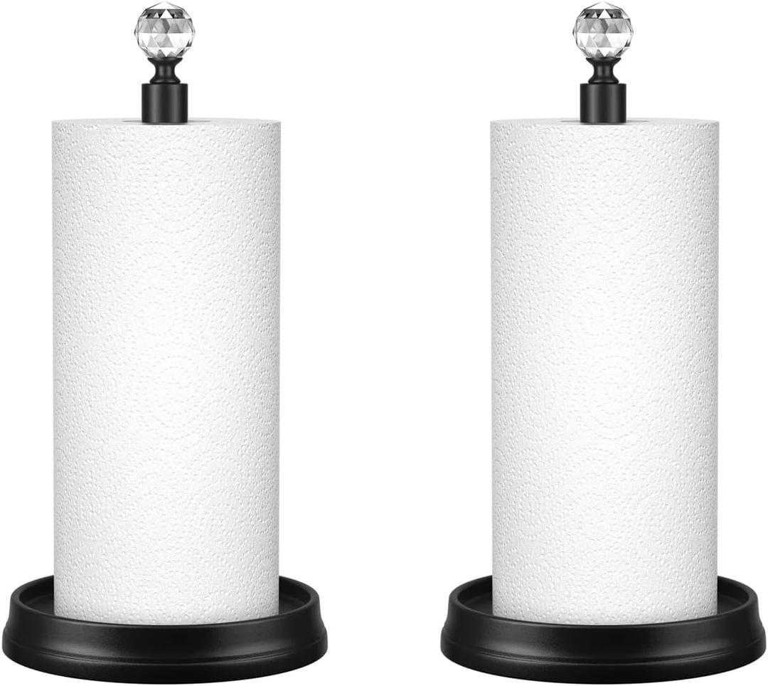 KASUNTO Paper Towel Holder, Steel Paper Towel Holder Countertop with Crystal Head for Kitchen Countertops, Bars & Dining Tables (Matte Black,2 Pack)