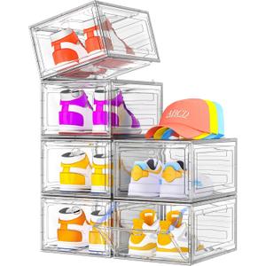 Thickened Clear Shoe Storage Organizer with Magnetic Door, Sturdy Stackable Shoe Boxes for Closet, Collapsible Space-Saving Shoe Rack for Sneakers & Boots, Plastic Shoe Cabinet Box Set, 6 Pack, White