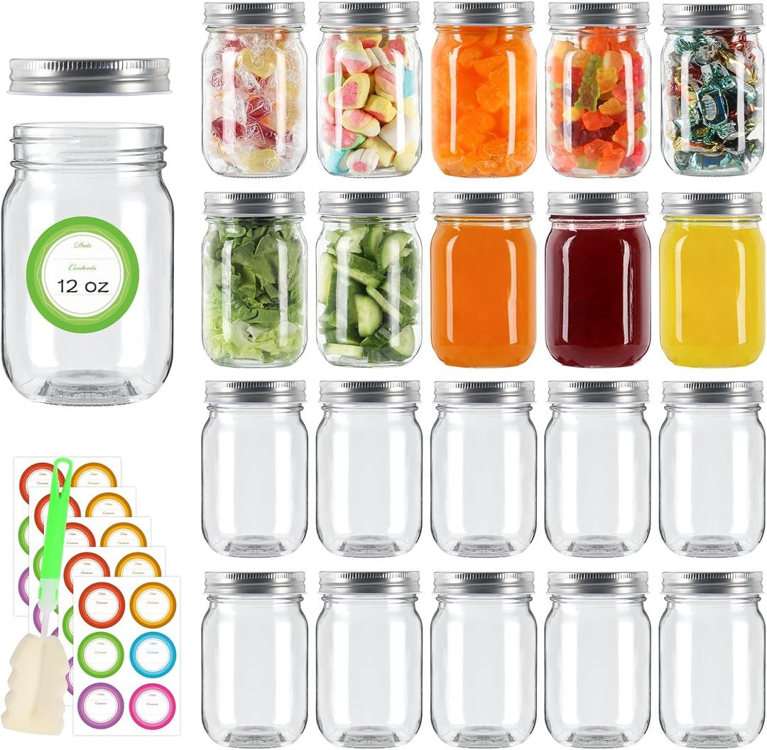 20 Pack 12 oz Mason Jars with Sliver Lids, Regular Mouth Glass Canning Jars with Labels and Brusher for Storage, Canning & Preserving, Dishwasher & Microwave Safe