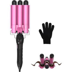 Three Barrel Curling Iron for Beachy Waves, Ceramic Hair Waver with 320F/410F Adjustable Heat, Dual Voltage 100240V, Easy Styling Tool for Beginners, Pink (3 Inch (width) x 13 Inch (length))