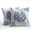 Blue and White Coral Throw Pillow Covers 16x16 Set of 2 Summer Beach Light Blue Gray Cushion Case Cotton Linen Square Sea Coral Tree Throw Pillows Case for Holidays Party Sofa Couch Bed Bench Outdoor