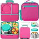 Fimibuke Bento lunch Box Set for Kids Adult with 8oz Insulated Food Jar, Lunch Bag & Sauce Cup, Leakproof Dishwasher Safe Toddler Lunch Food Container with 3-4 Compartment for School Girls Boys (A8.Bright Coral & Teal)