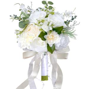 9 Inch Ivory White Wedding Bouquets for Bride Bridesmaid Champagne Rose Bridal Bouquet Artificial Fake Silk Cream Flowers Pearl Chains French Vintage Boho Rustic Church Decoration Toss Bouquet Prom