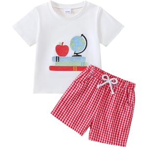 Toddler Boy Back to School Outfit First Day of School Shirt+Striped Shorts Summer Clothes Set (White)